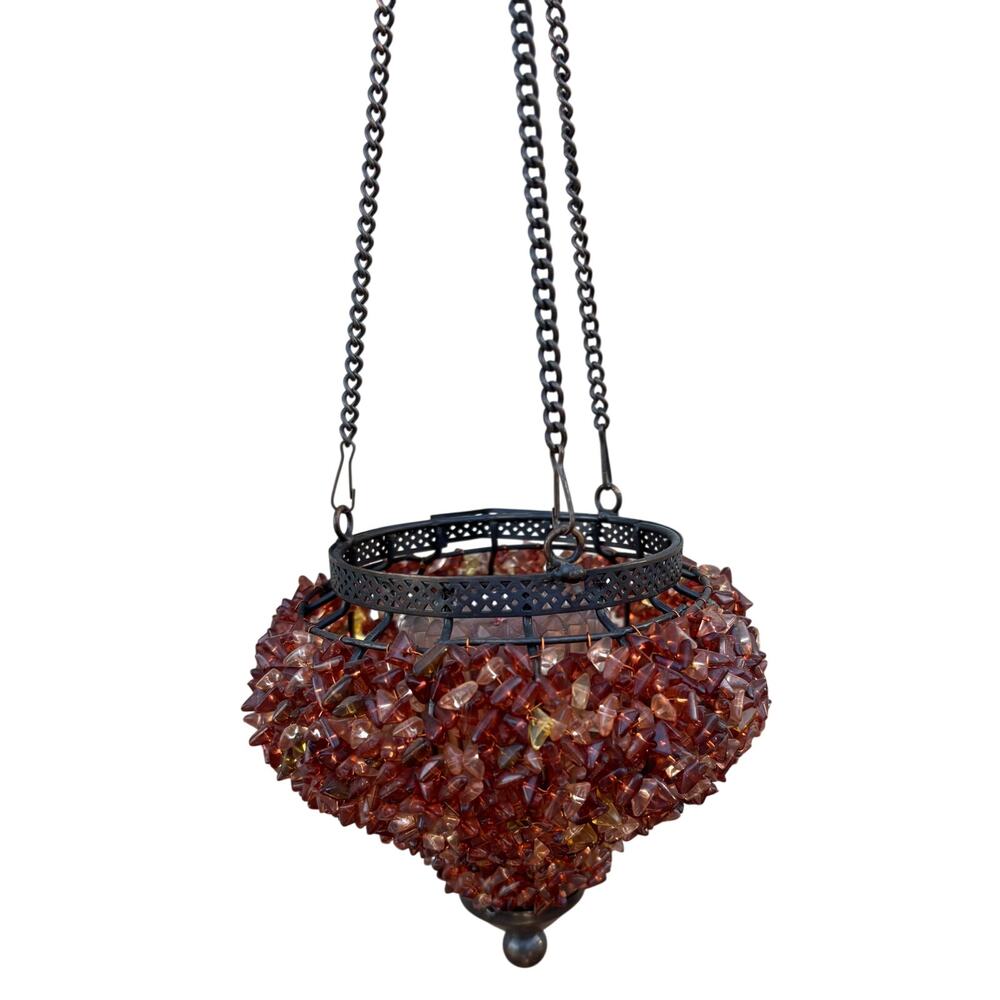 Vintage Hanging TeaLight Candle Holder Amber Glass Beads Metal Frame NOS New